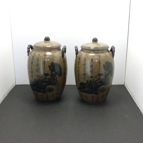 Vintage Pair Chinese Meizhou Pottery Stoneware Covered Double Handed Poem Jars - Picture 2 of 13